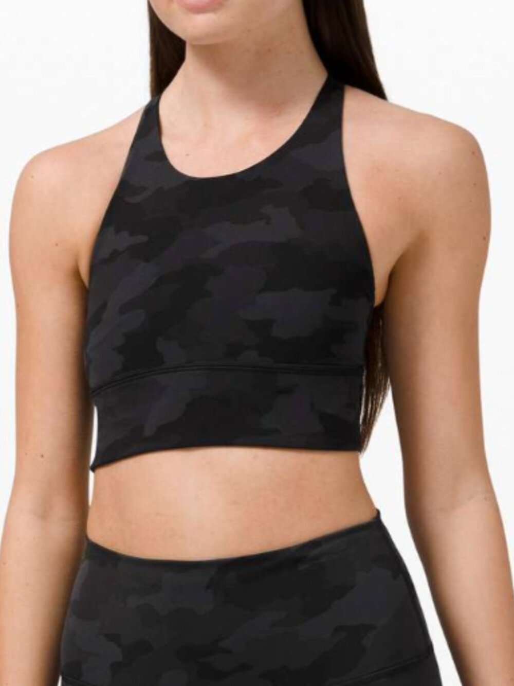 Lululemon Free To Be Bra Wild High Neck Long Line in Heritage 365 Camo Deep Coal
